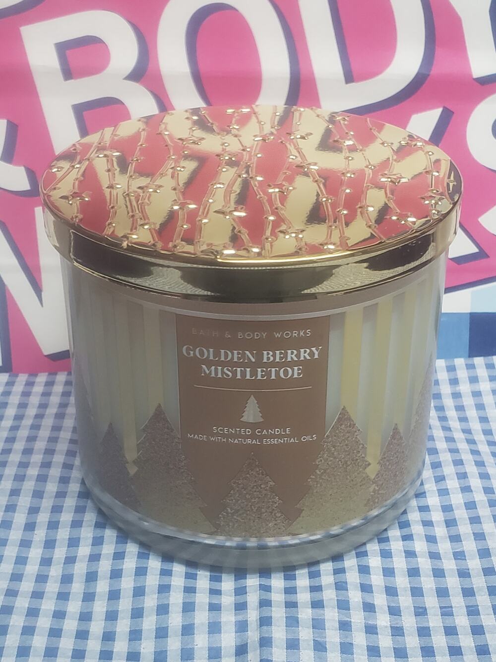 BBW Golden Berry Mistletoe Large 3 Wick Candle Holiday Home Fragrance Decor
